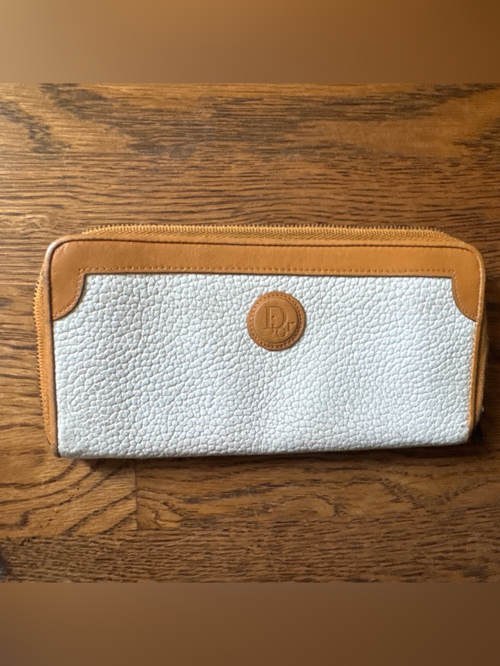 Dior White and Tan Pebbled Leather Zip Wallet